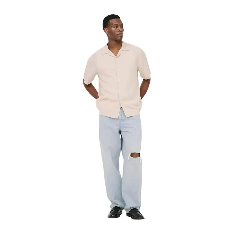 Only And Sons Herren Beige Tencel V-Ausschnitt Hemd