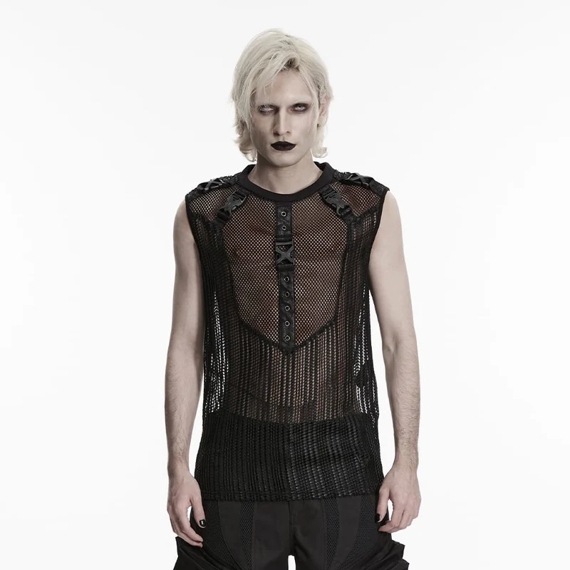 Punk-Tanktop für Herren mit Ösen, Schnallen und Mesh-Einsätzen