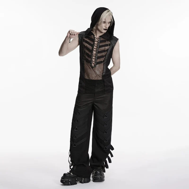 Punk-Tanktop für Herren mit Schnürung, Mesh-Einsätzen und Kapuze