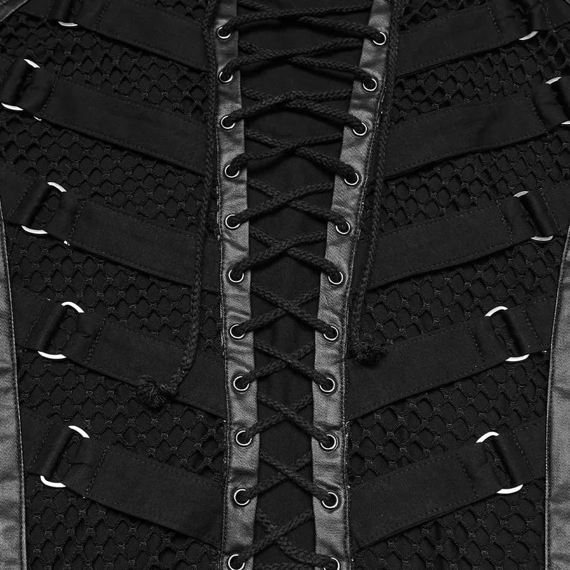 Punk-Tanktop für Herren mit Schnürung, Mesh-Einsätzen und Kapuze
