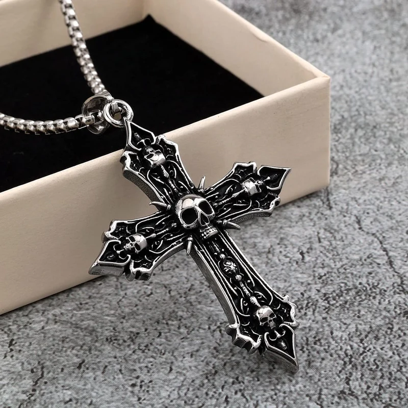 Punk-Halskette mit antikem Totenkopf-Kreuz für Herren