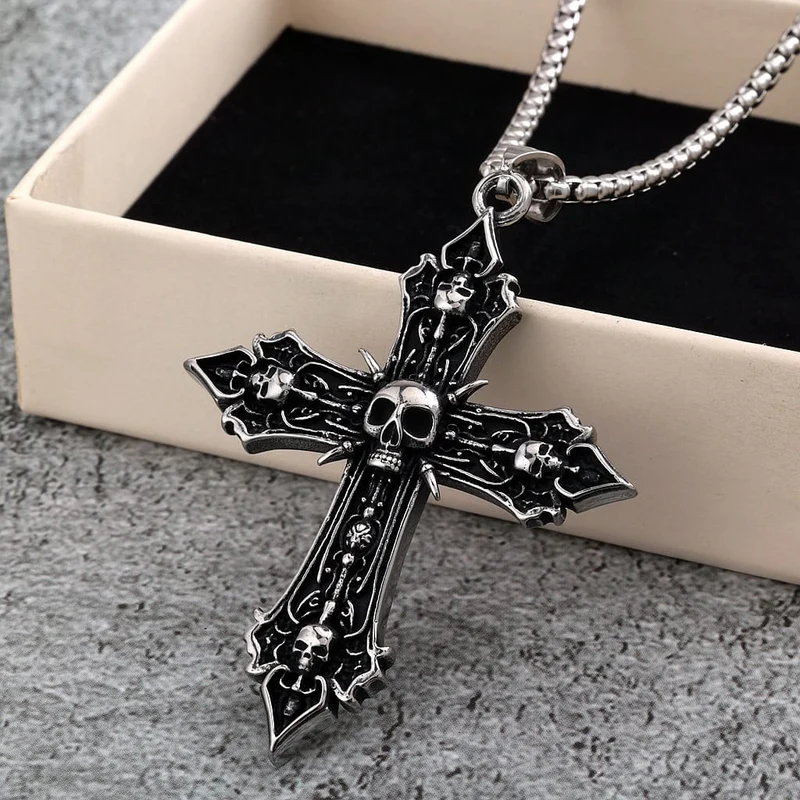 Punk-Halskette mit antikem Totenkopf-Kreuz für Herren