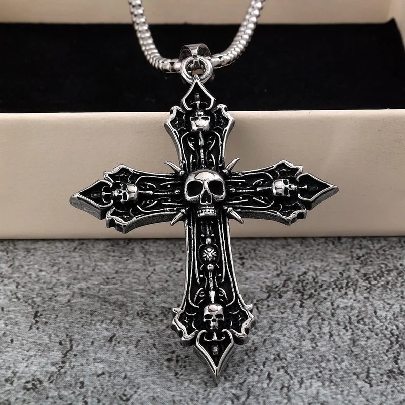 Punk-Halskette mit antikem Totenkopf-Kreuz für Herren