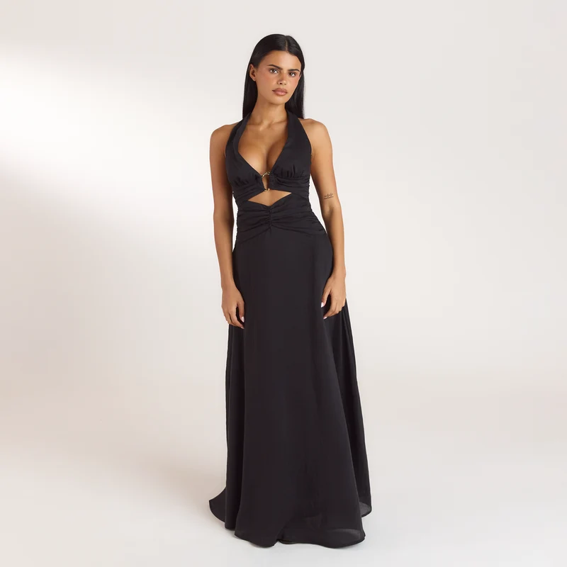 Gerüschtes Tencel Maxikleid - Schwarz