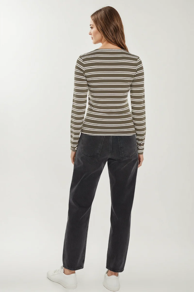 Scoop Neck Long Sleeve Tee | Olive Night Stripe