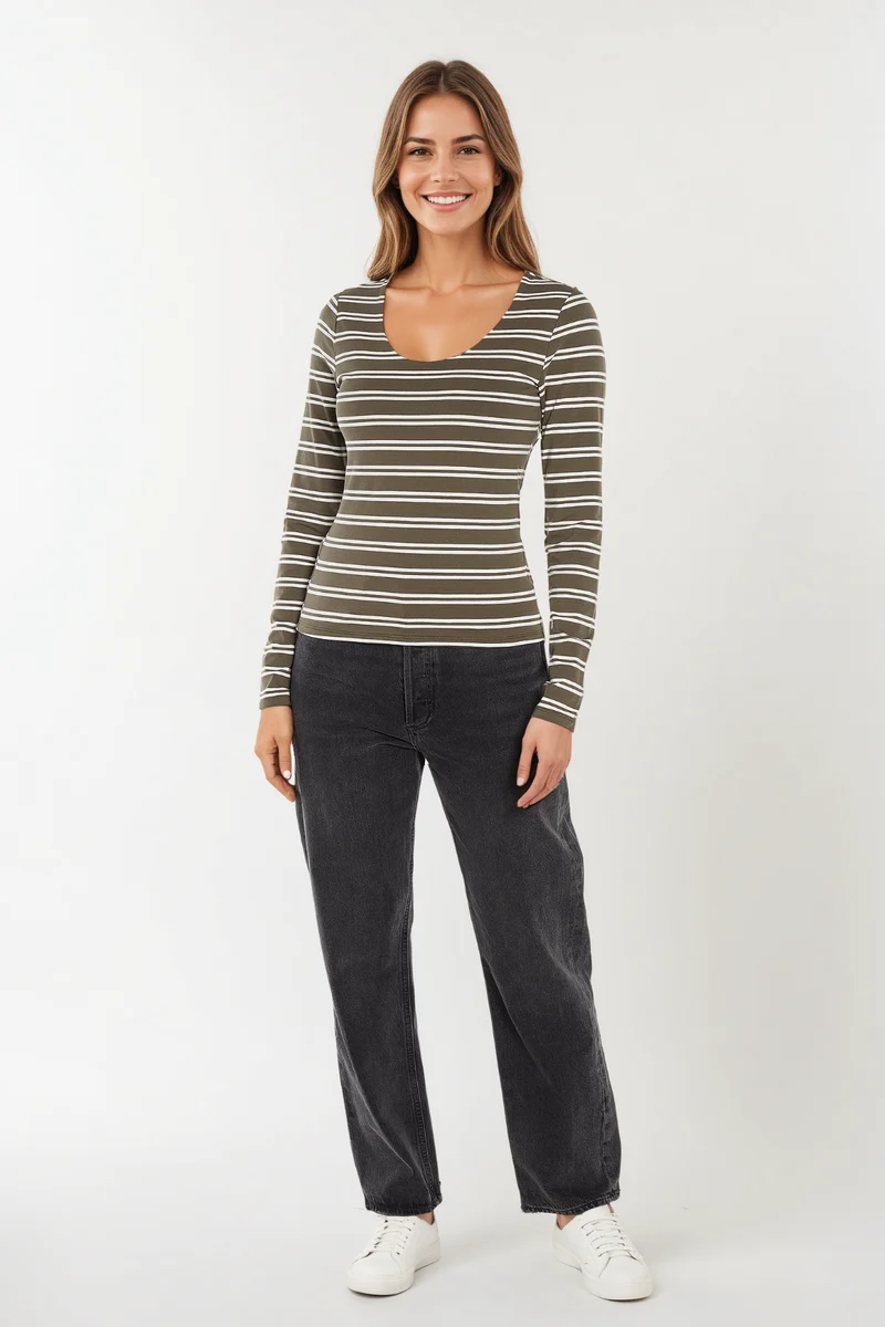 Scoop Neck Long Sleeve Tee | Olive Night Stripe