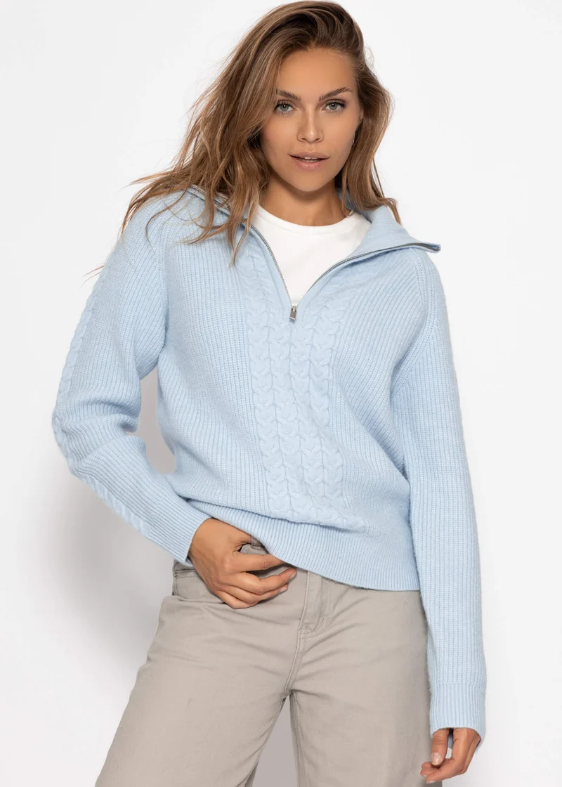 Pullover mit Reißverschluss am Kragen - hellblau