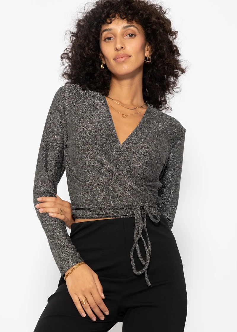 Glitzerndes Langarmshirt zum Wickeln - silber
