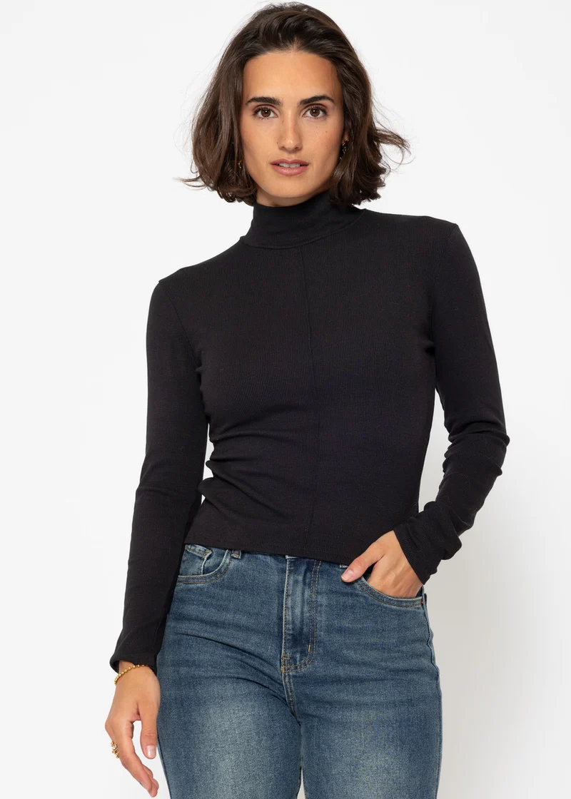 Langarmshirt mit Rollkragen und Biese - schwarz