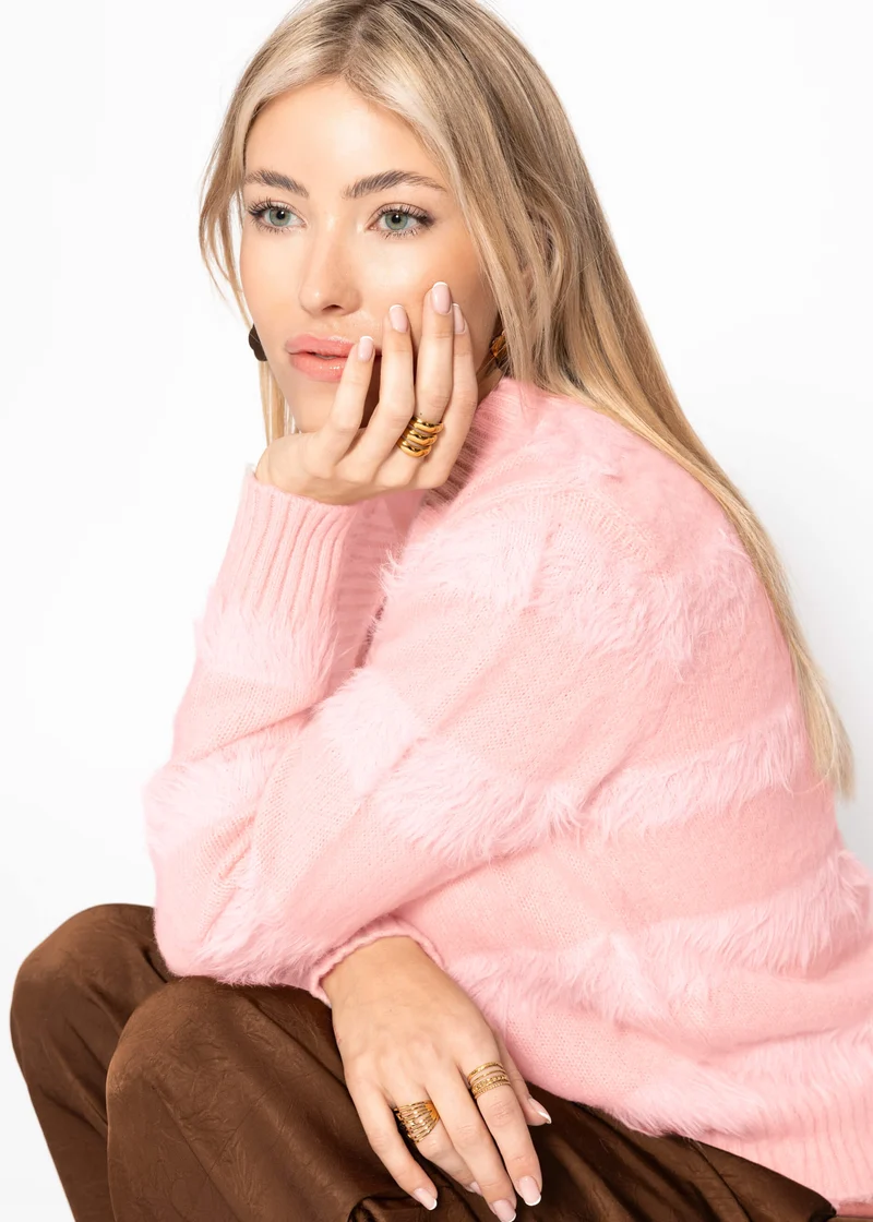 Strickjacke mit flauschigen Streifen - rosa