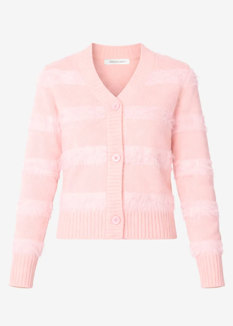 Strickjacke mit flauschigen Streifen - rosa