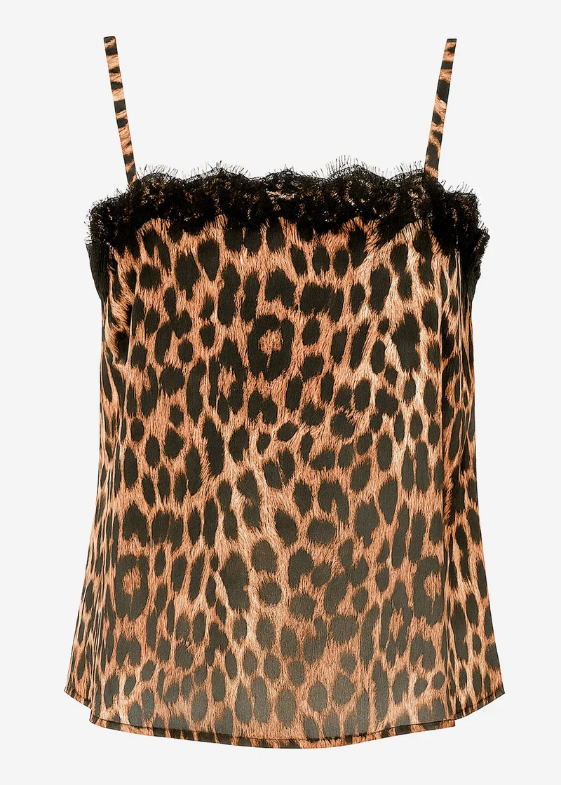 Satin Top im Leo-Print mit Spitze - braun