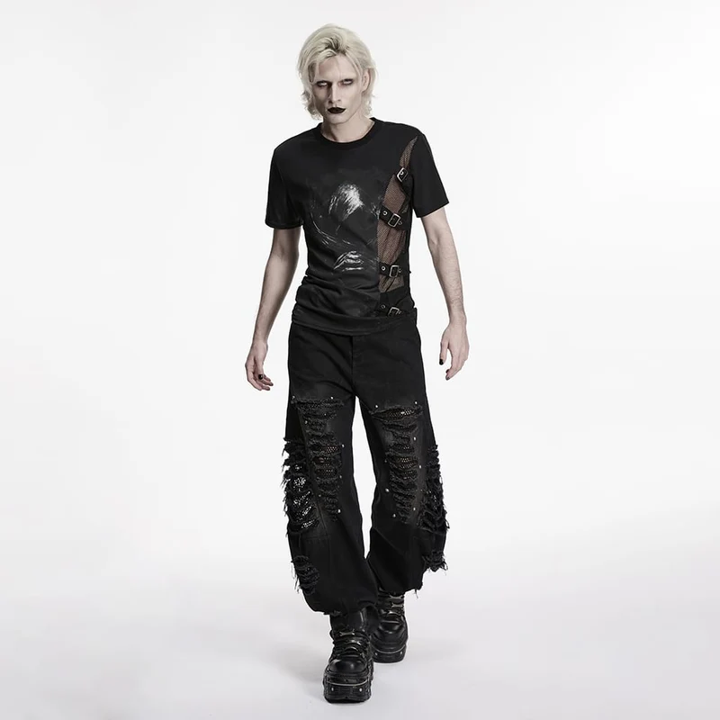 Herren-Punkhemd mit asymmetrischen Schnallenriemen und Print