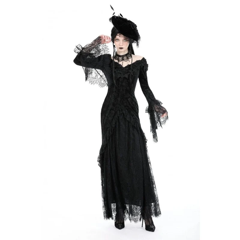Gothic-Kleid für Damen, schulterfrei, mit Spitze und Samtbesatz, Hochzeitskleid