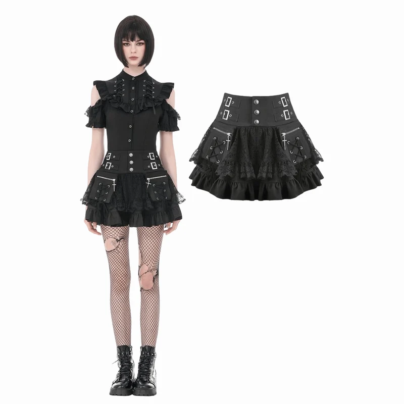 Punk-Minirock für Damen mit gekreuzten Schnürdetails, Taschen und Rüschen