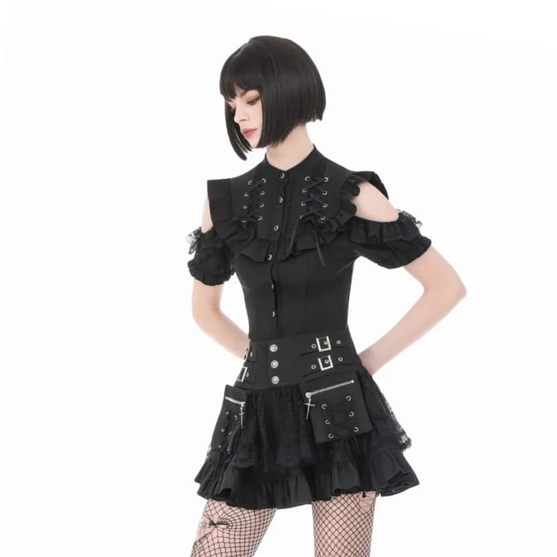 Punk-Minirock für Damen mit gekreuzten Schnürdetails, Taschen und Rüschen