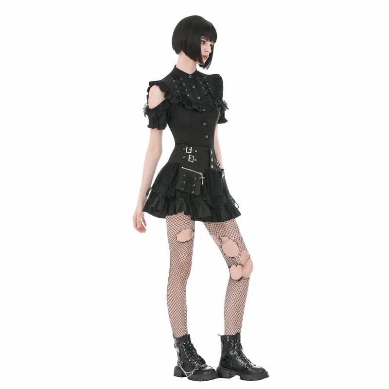 Punk-Minirock für Damen mit gekreuzten Schnürdetails, Taschen und Rüschen