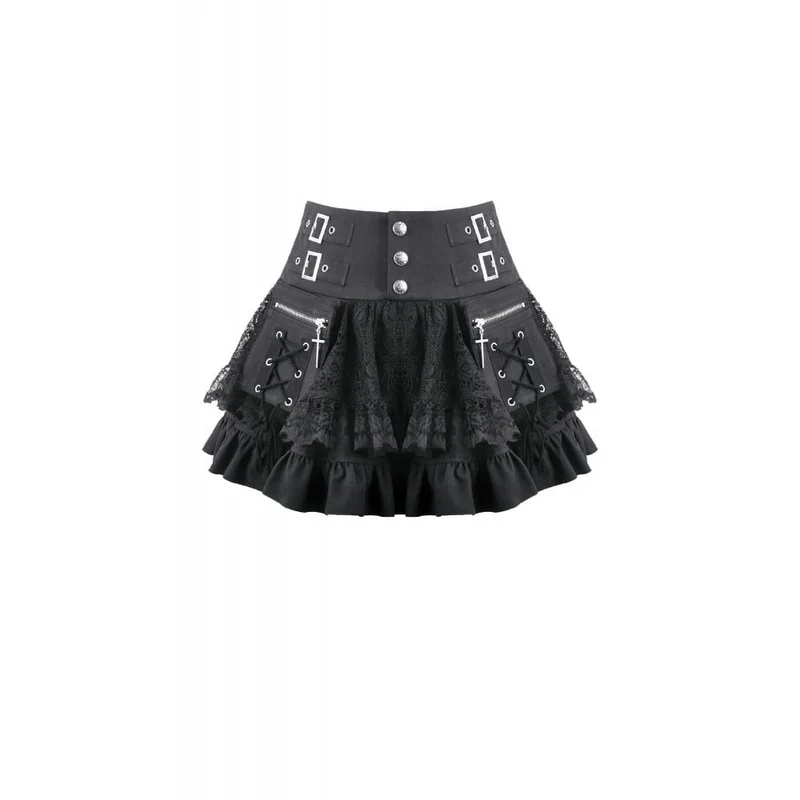 Punk-Minirock für Damen mit gekreuzten Schnürdetails, Taschen und Rüschen