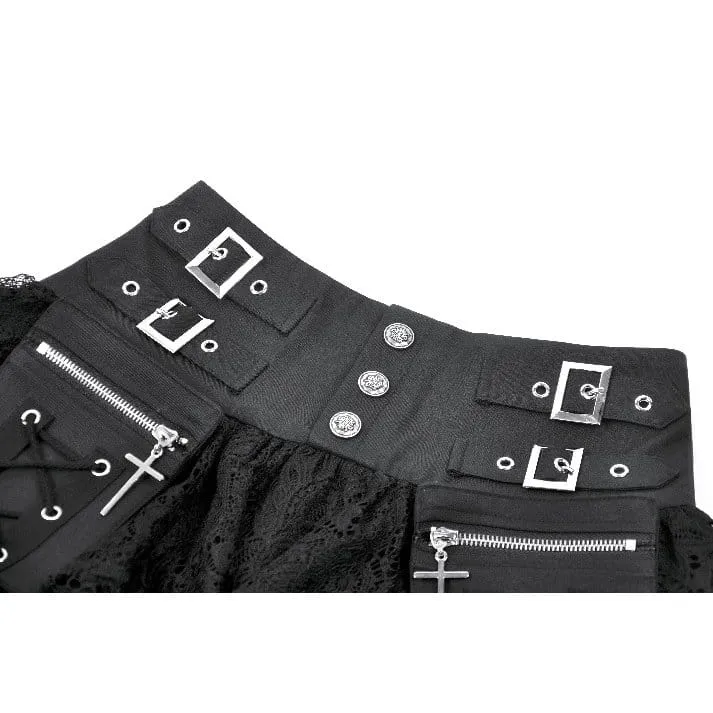 Punk-Minirock für Damen mit gekreuzten Schnürdetails, Taschen und Rüschen