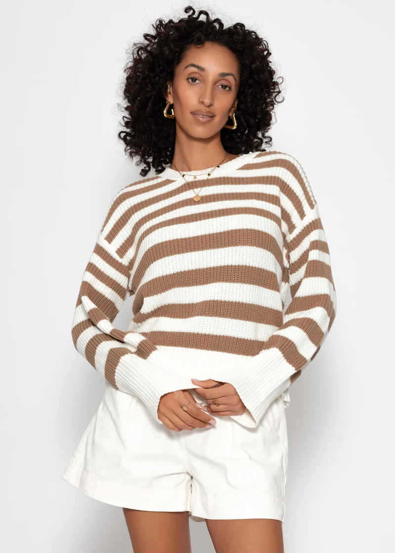 Gestreifter Baumwoll-Pullover - weiß-braun