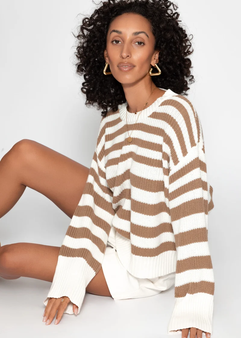 Gestreifter Baumwoll-Pullover - weiß-braun
