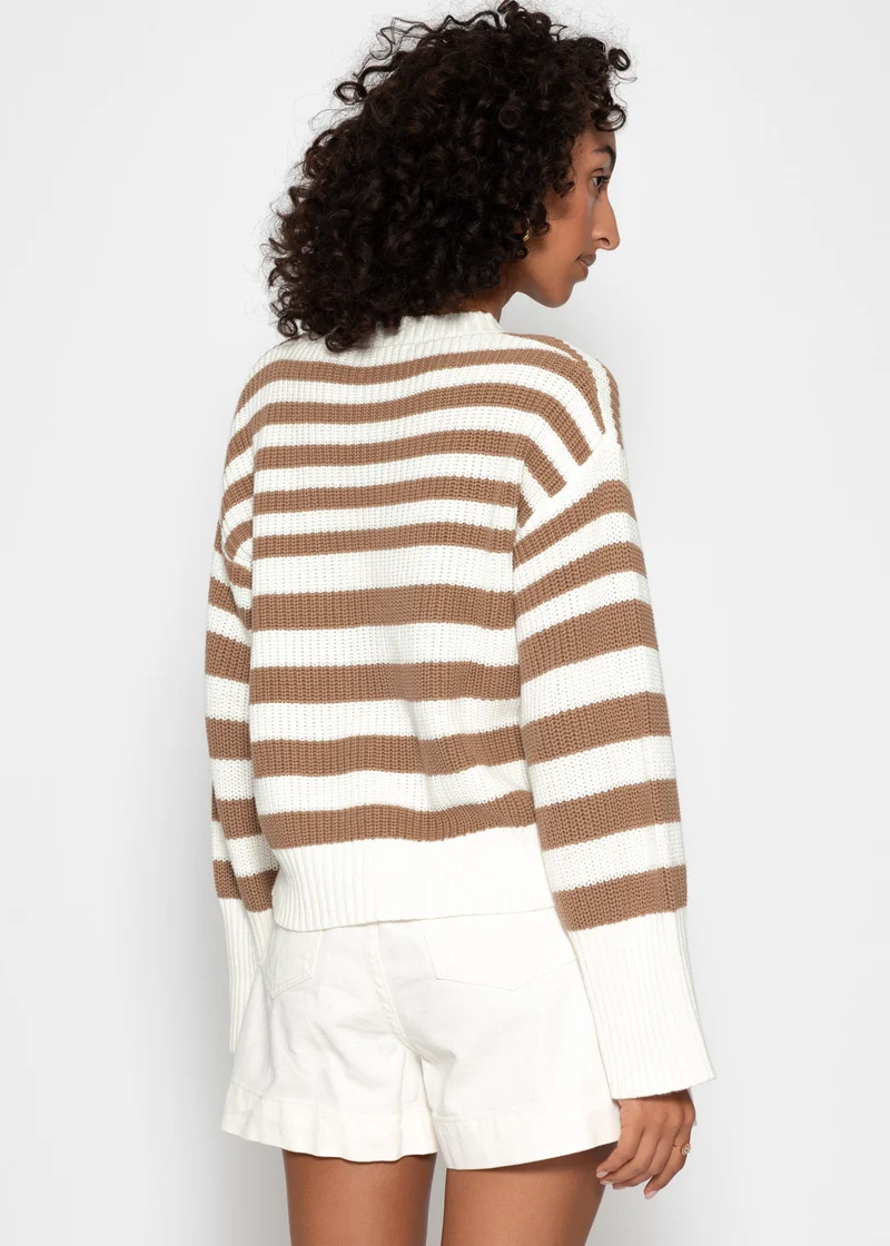 Gestreifter Baumwoll-Pullover - weiß-braun