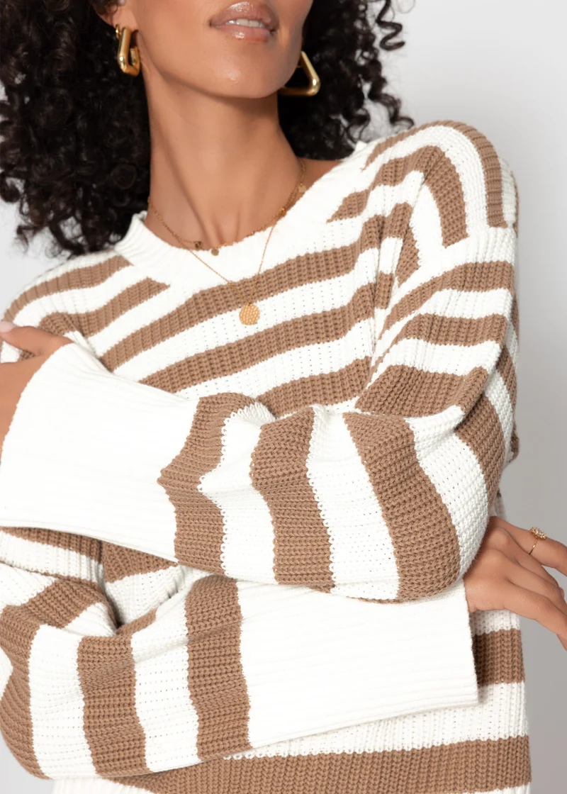 Gestreifter Baumwoll-Pullover - weiß-braun