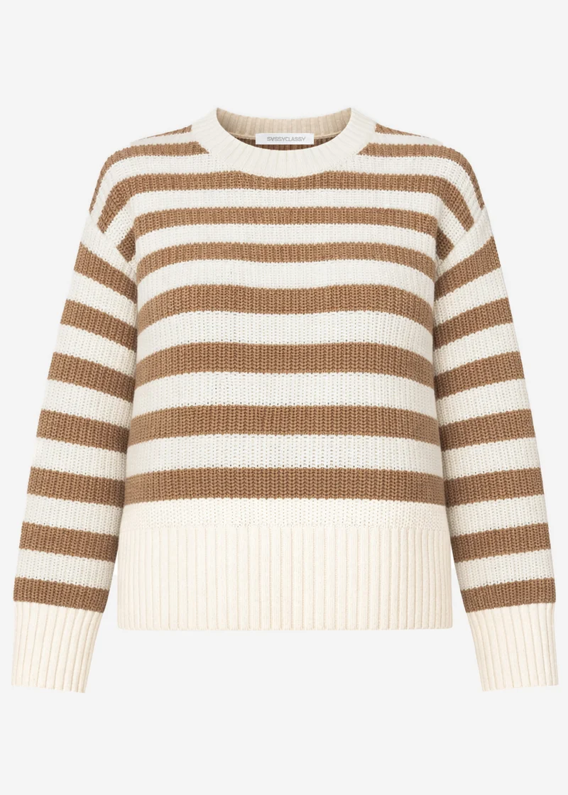 Gestreifter Baumwoll-Pullover - weiß-braun