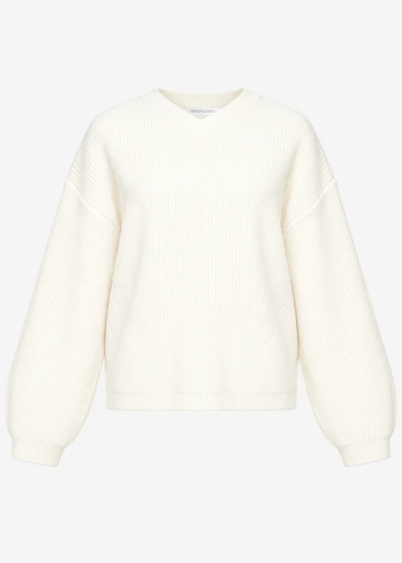 Rippstrickpullover mit hohem V-Ausschnitt - offwhite