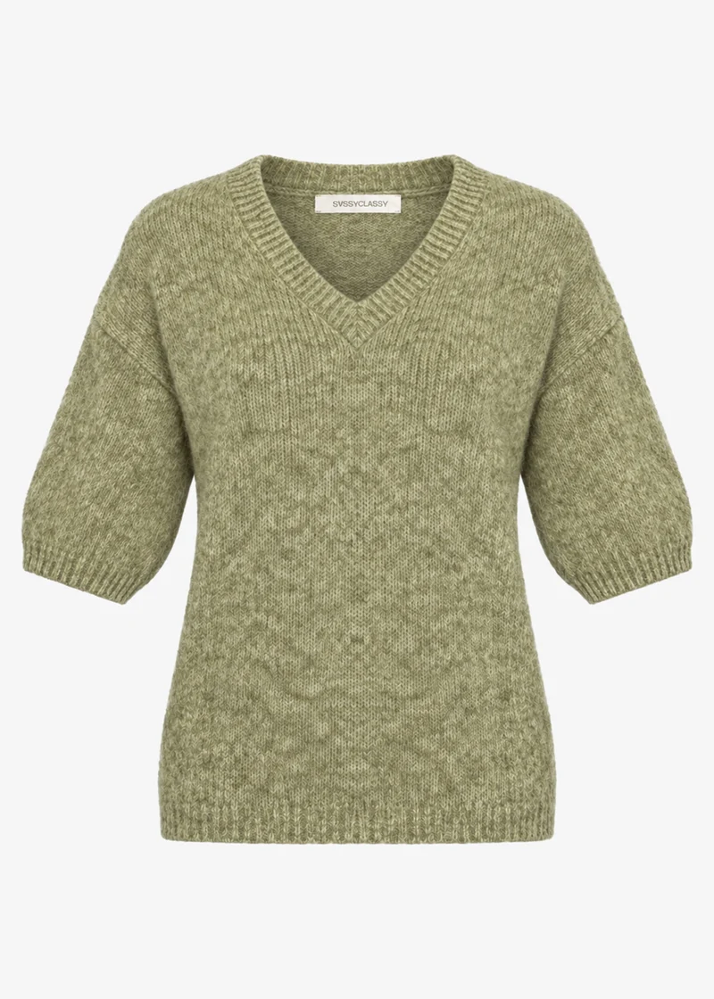 Kurzarm-Strickpullover mit V-Ausschnitt - khaki