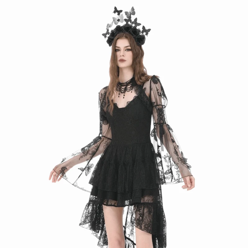 Gothic-Cape für Damen mit Schmetterlingsstickerei, ausgestellten Ärmeln und Spitze