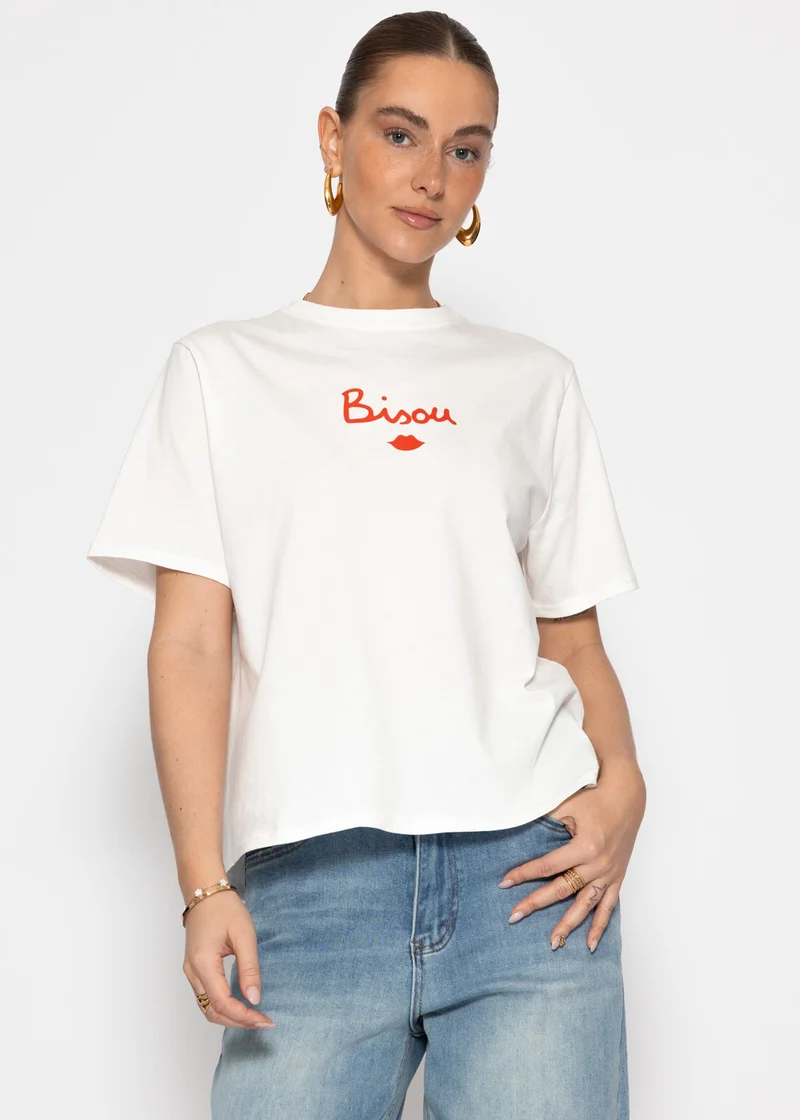 Oversize T-Shirt mit "BISOU" Print - offwhite