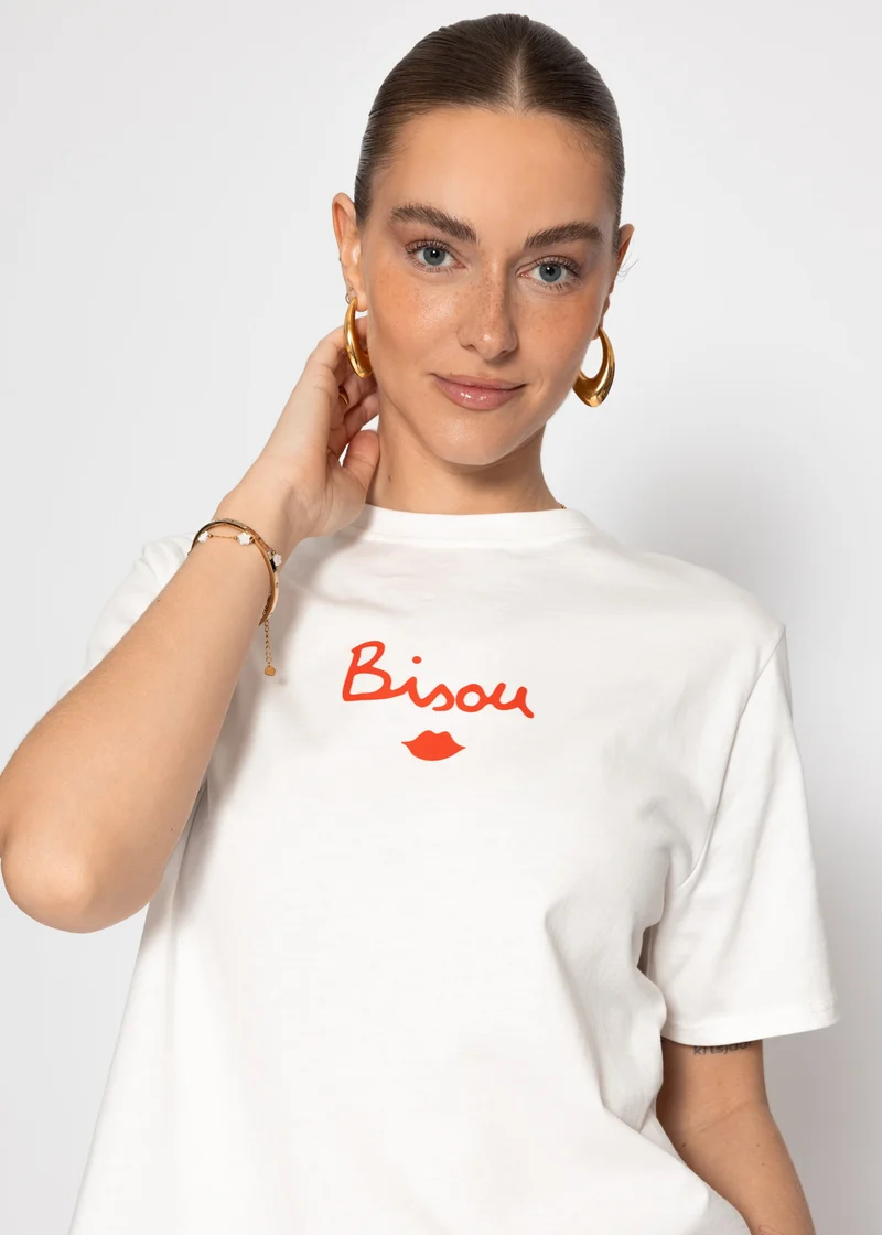 Oversize T-Shirt mit "BISOU" Print - offwhite