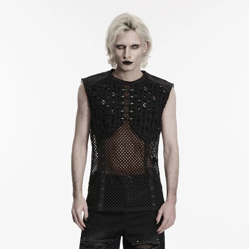 Punk-Tanktop für Herren mit Nieten und Rissen aus Mesh