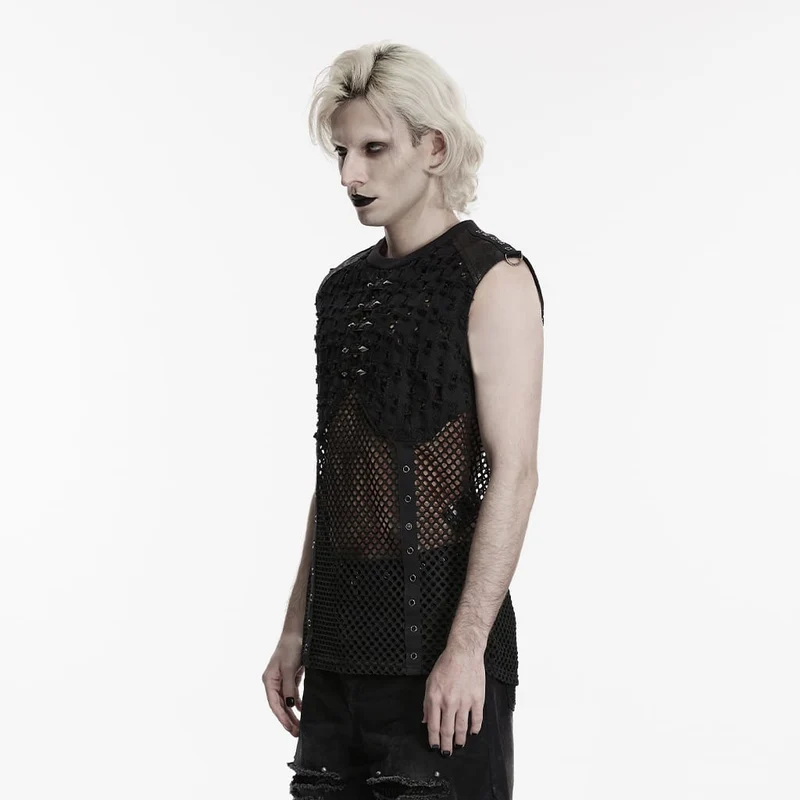 Punk-Tanktop für Herren mit Nieten und Rissen aus Mesh