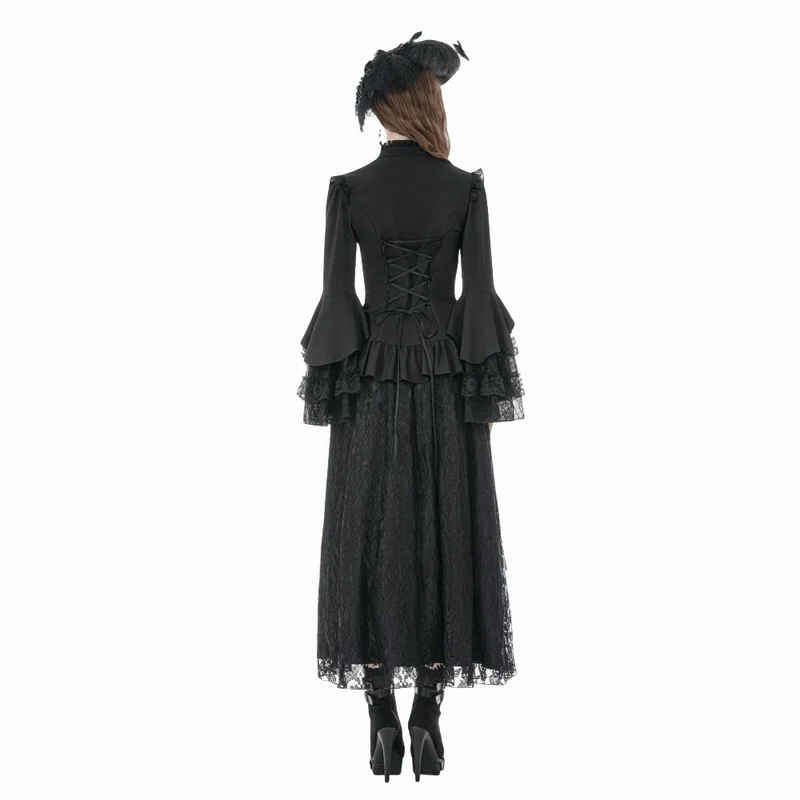 Gothic-Damenbluse mit Spitzenbesatz, Rüschen und Stehkragen