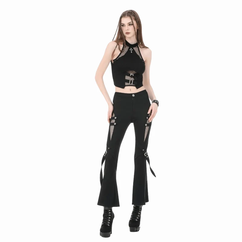 Punk-Schlaghose für Damen mit Schnallenriemen, Mesh-Patchwork-Einsätzen