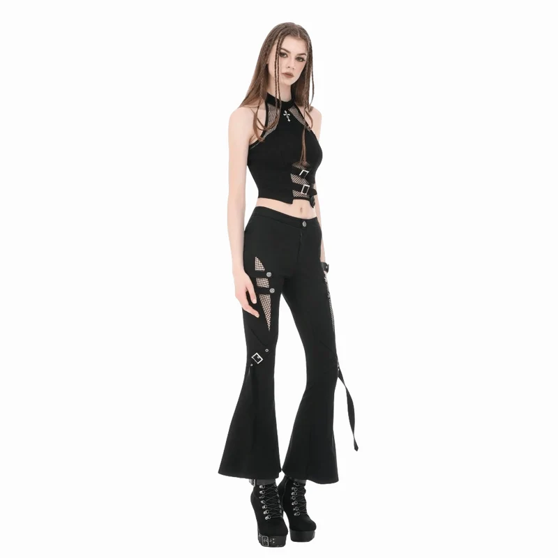 Punk-Schlaghose für Damen mit Schnallenriemen, Mesh-Patchwork-Einsätzen