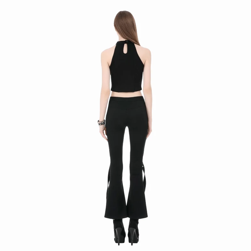 Punk-Schlaghose für Damen mit Schnallenriemen, Mesh-Patchwork-Einsätzen