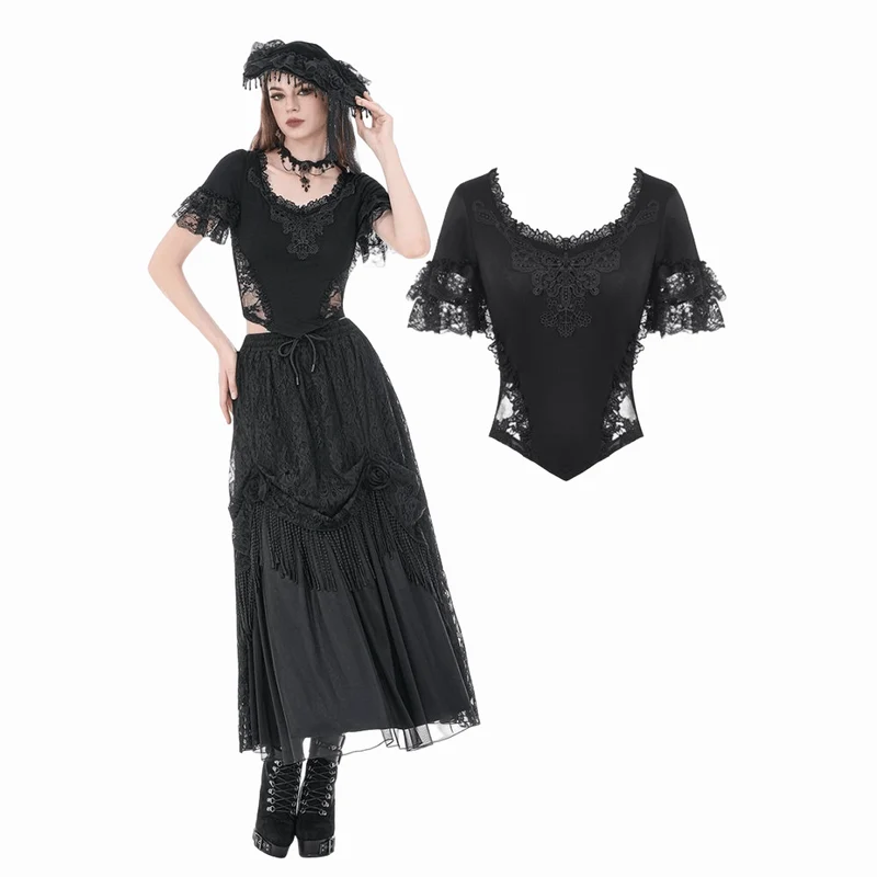 Gothic-T-Shirt für Damen mit Spitzenstickerei, eckigem Kragen und kurzen Ärmeln