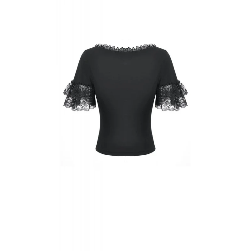 Gothic-T-Shirt für Damen mit Spitzenstickerei, eckigem Kragen und kurzen Ärmeln