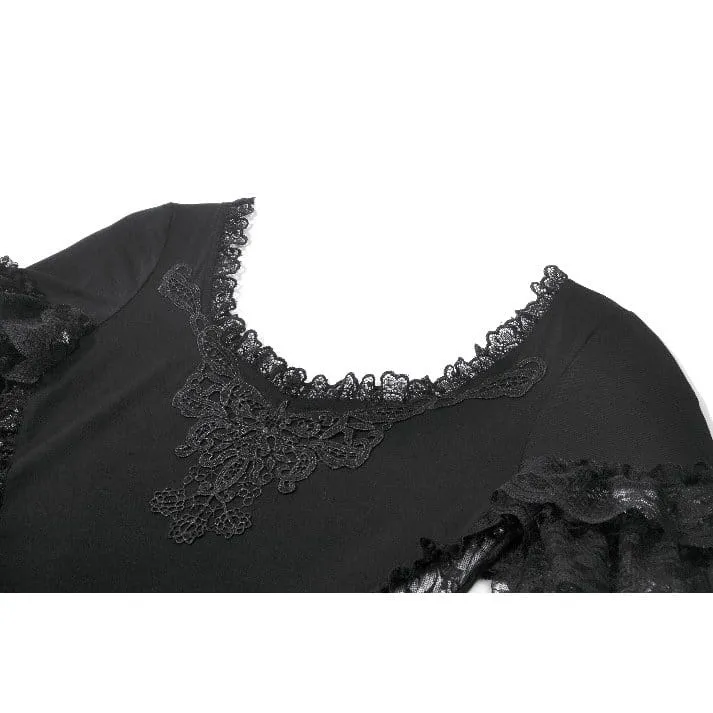 Gothic-T-Shirt für Damen mit Spitzenstickerei, eckigem Kragen und kurzen Ärmeln