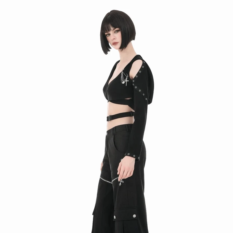 Punkiges Damen-Crop-Top mit Ösen, Kapuze, langen Ärmeln und abnehmbarer Brosche