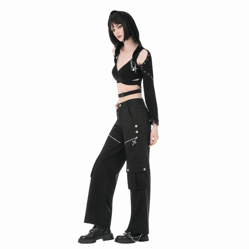 Punkiges Damen-Crop-Top mit Ösen, Kapuze, langen Ärmeln und abnehmbarer Brosche