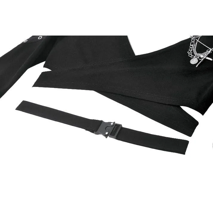 Punkiges Damen-Crop-Top mit Ösen, Kapuze, langen Ärmeln und abnehmbarer Brosche
