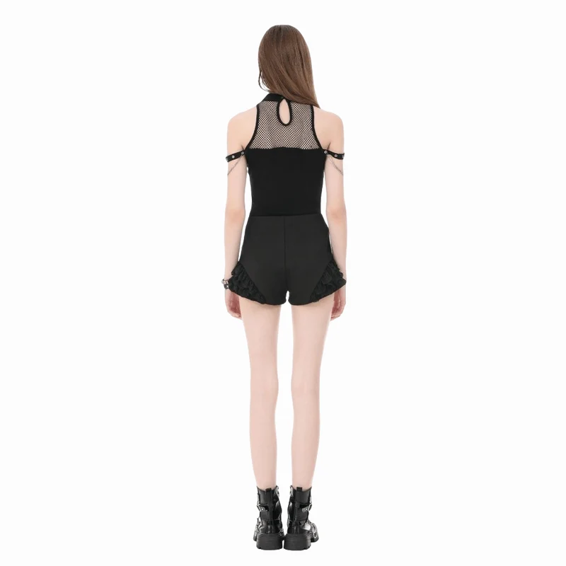 Punk-Shorts für Damen mit Spitzenbesatz, Schnallenriemen und Reißverschluss