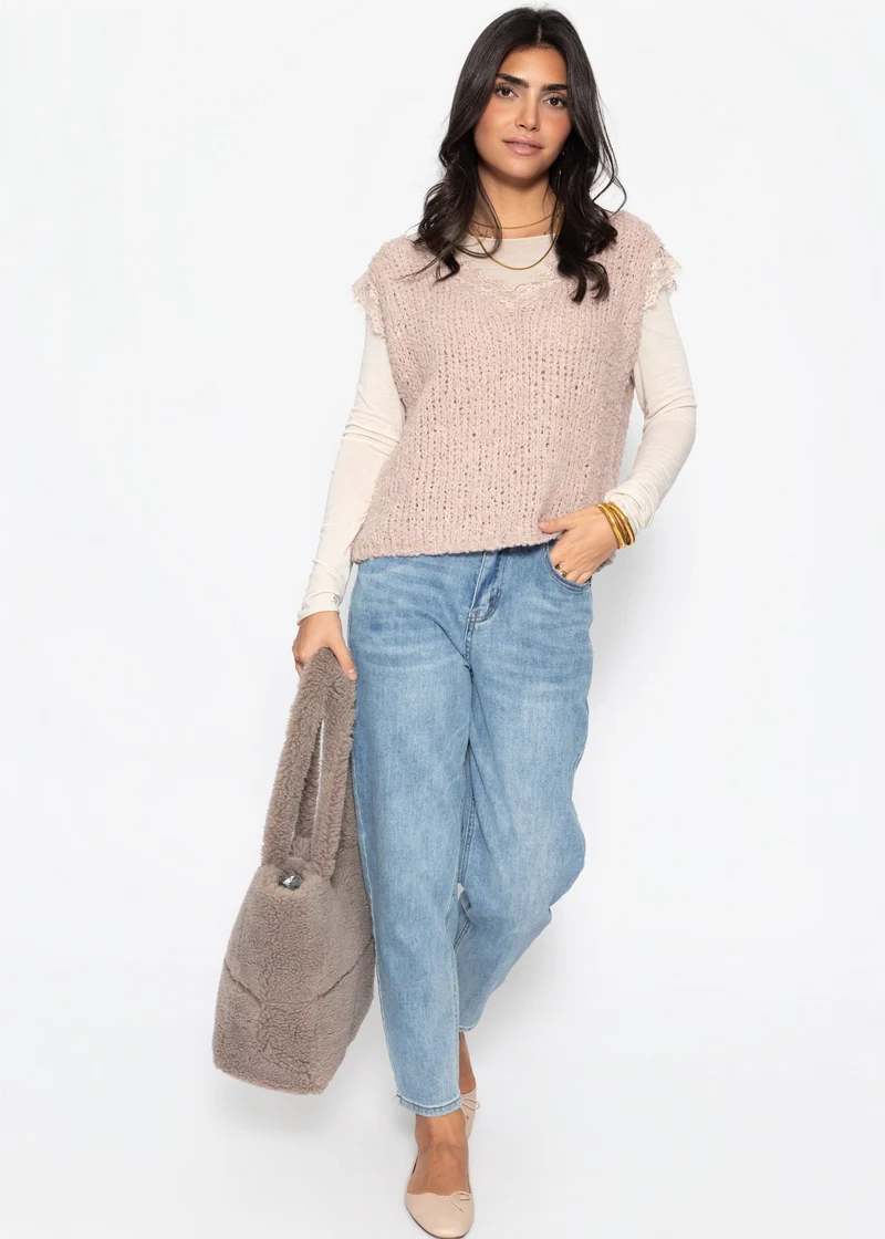 Bouclé Top mit Spitze - altrosa