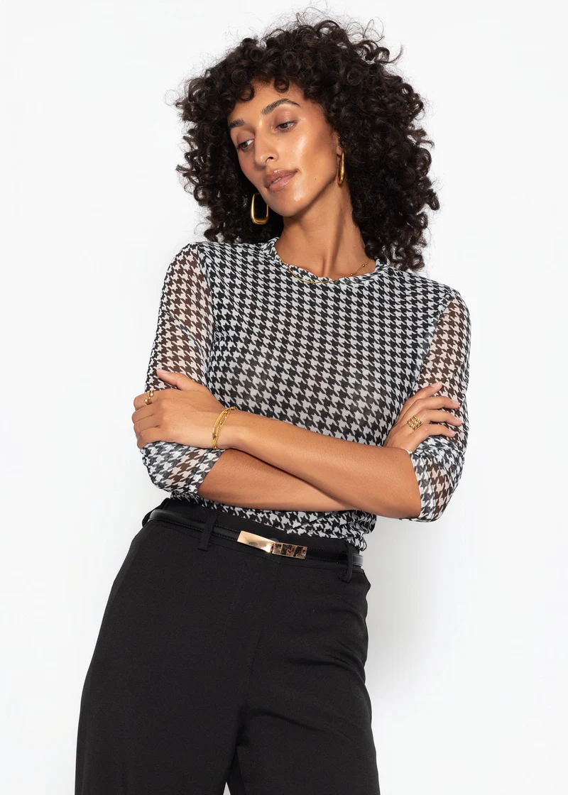 Mesh Langarmshirt mit Hahnentrittmuster - schwarz