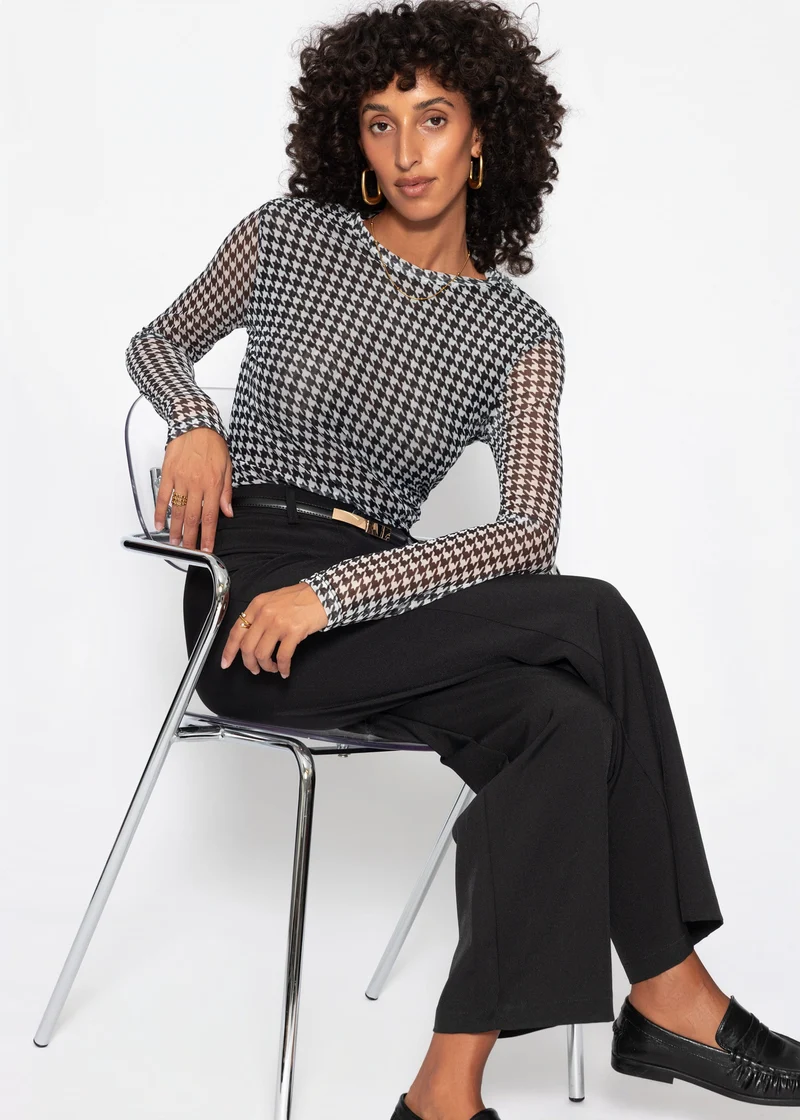 Mesh Langarmshirt mit Hahnentrittmuster - schwarz