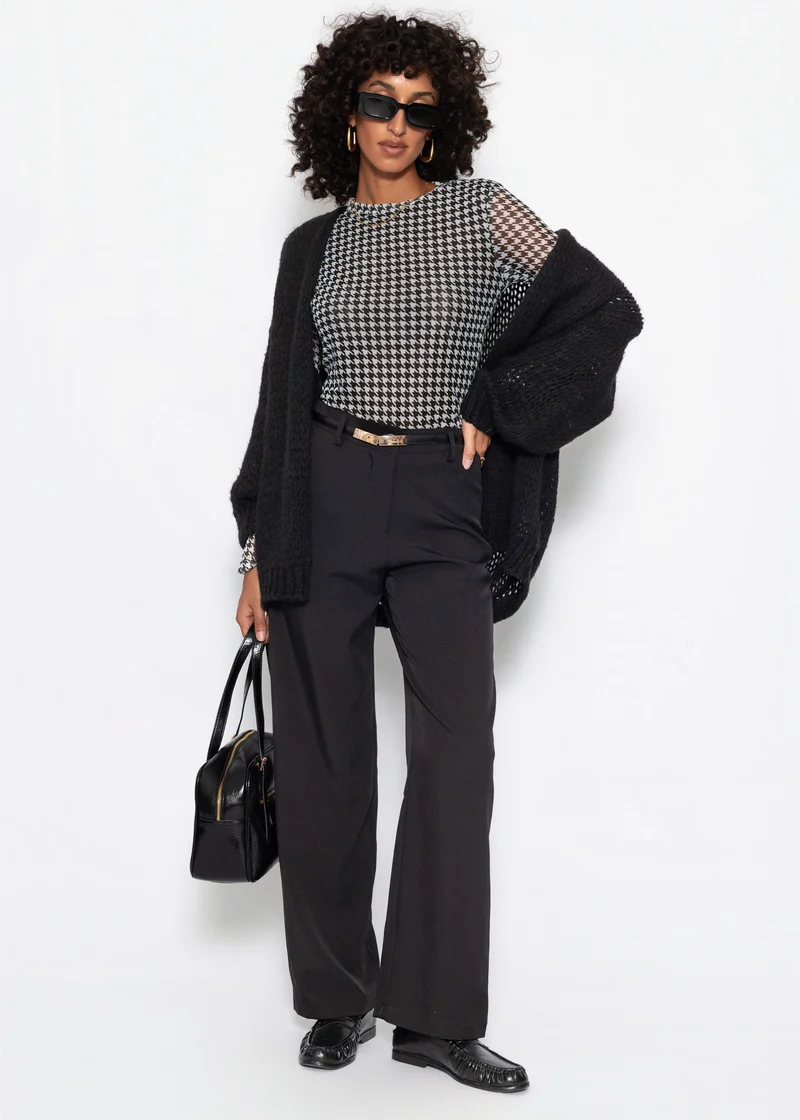 Mesh Langarmshirt mit Hahnentrittmuster - schwarz